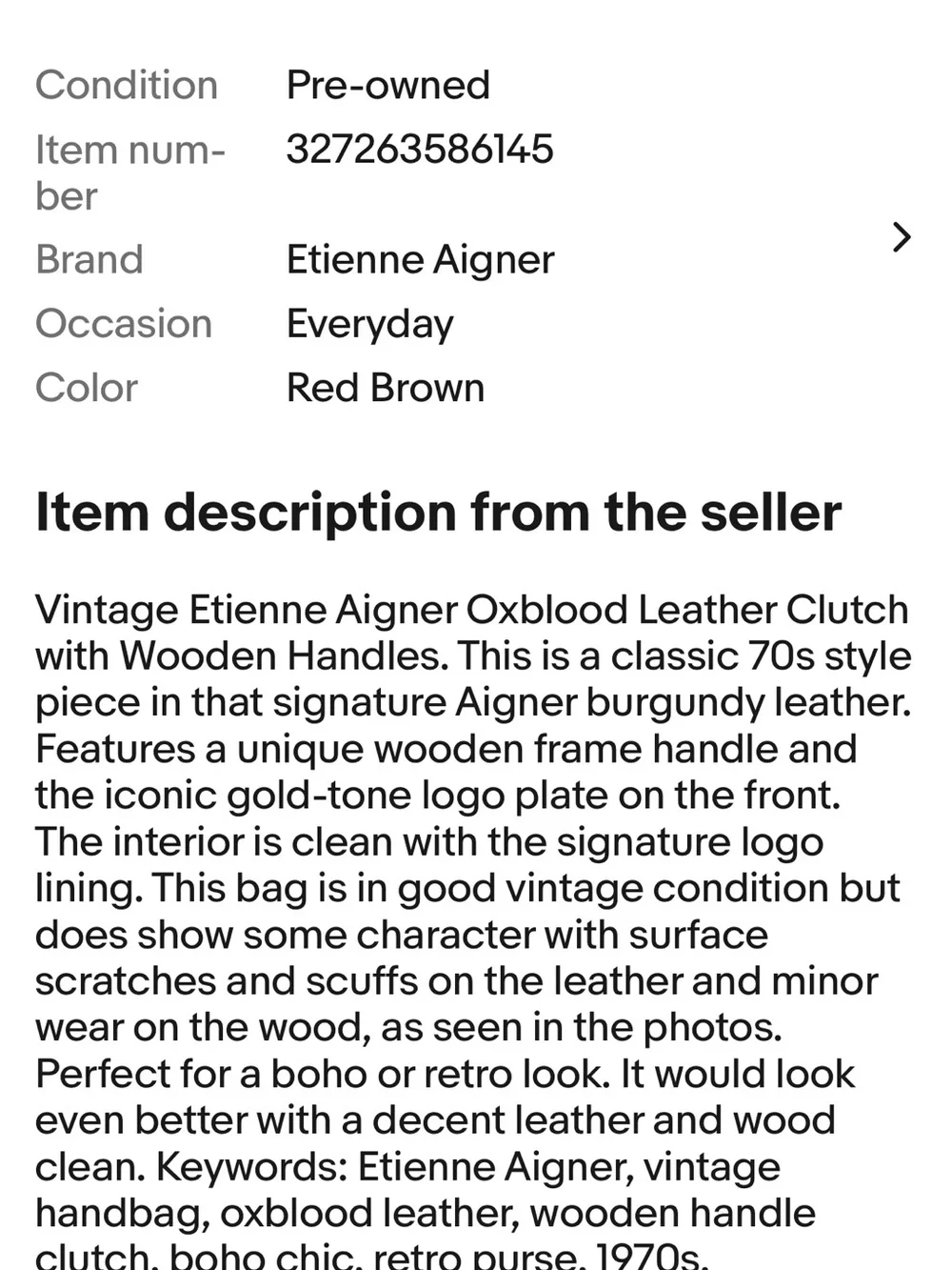 Vintage Etienne Aigner Oxblood Leather Clutch with Wooden Handles.